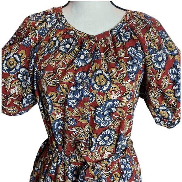 Faherty Boho Linen Dress Size XS Puff Sleeve Midi Belted Red Cottage Peasant - Picture 7 of 16